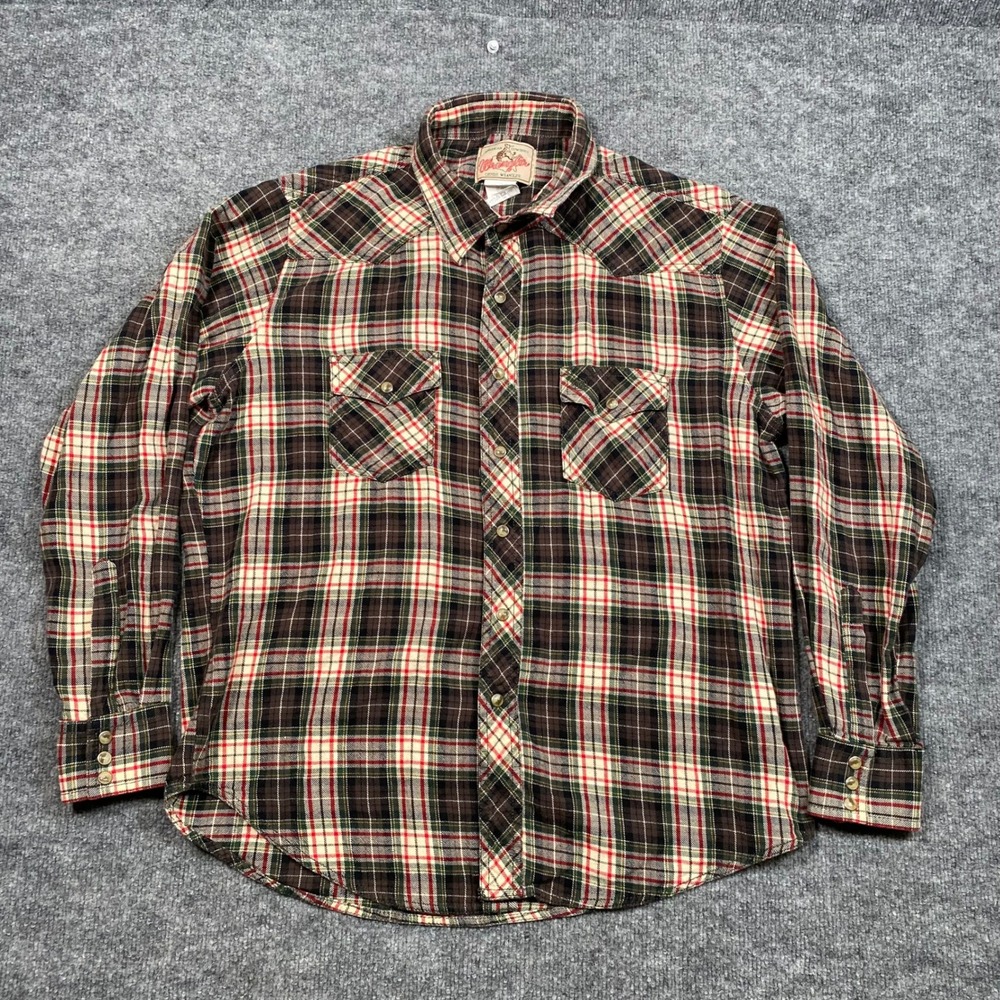 Wrangler Mens Large Brown Plaid Western Pearl Snap Long Sleeve Cotton Shirt